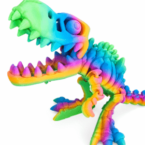 Rainbow-colored dinosaur skeleton model with open jaws and sharp teeth, possibly for educational purposes.