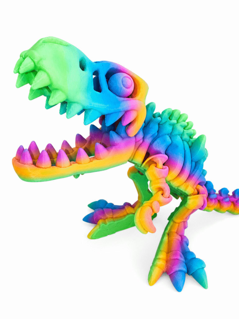 Rainbow-colored dinosaur skeleton model with open jaws and sharp teeth, possibly for educational purposes.