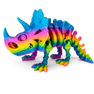 Rainbow skeleton Triceratops toy, a 3D printed articulated dinosaur model.