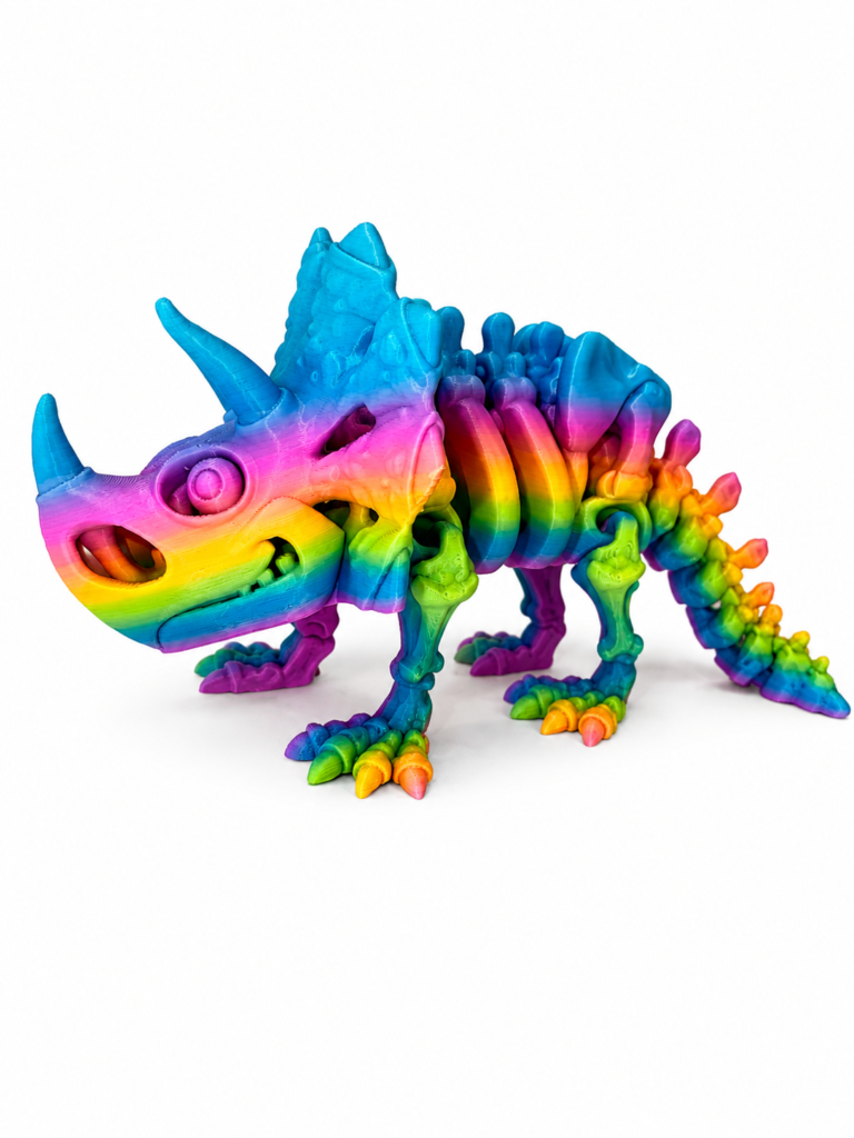 Rainbow skeleton Triceratops toy, a 3D printed articulated dinosaur model.