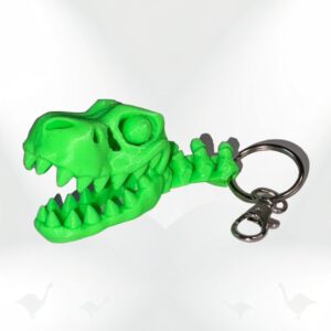3D printed Dino Keyring: Bright green T-Rex skull keychain with articulated jaw