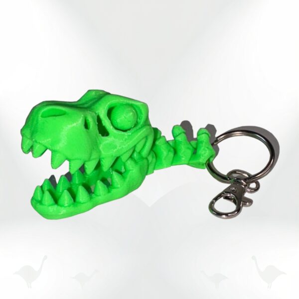 3D printed Dino Keyring: Bright green T-Rex skull keychain with articulated jaw