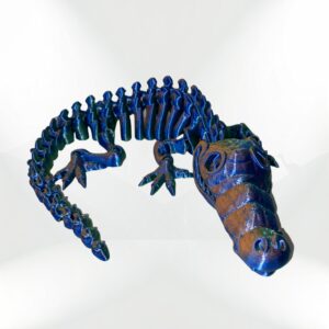 Flexi Skeleton Croc: 3D printed articulated crocodile skeleton model, blue and orange.