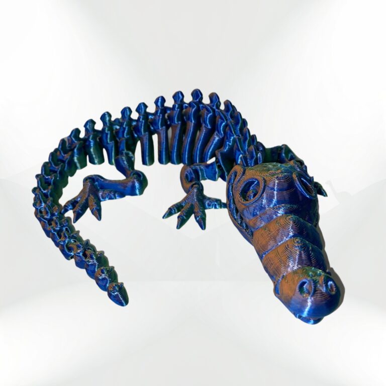 Flexi Skeleton Croc: 3D printed articulated crocodile skeleton model, blue and orange.