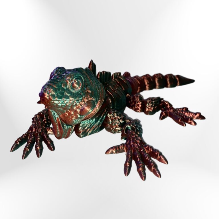 Iguana 3D-printed figurine, iridescent teal and copper finish.