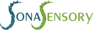 Sonasensory logo with stylized seahorse designs