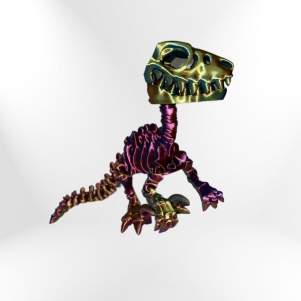 Skeleton Raptor: Iridescent 3D-printed dinosaur toy, featuring a detailed skeleton and gold skull.