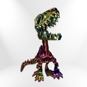 Skeleton Raptor: Metallic dinosaur skeleton with vibrant rainbow finish, perfect for collectors