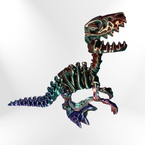 Skeleton Raptor: Iridescent 3D-printed dinosaur skeleton model, collectible figurine.