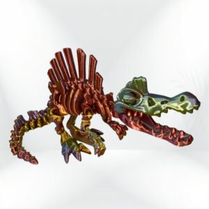 Skeleton Spinosaurus: Iridescent 3D-printed collectible Spinosaurus dinosaur skeleton model.