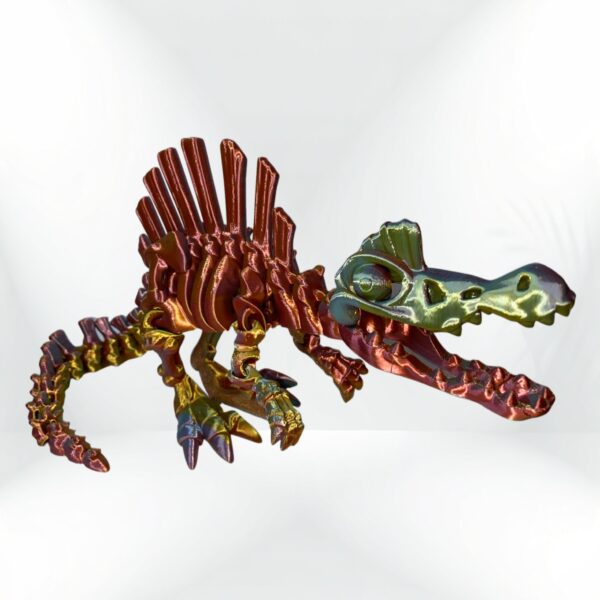 Skeleton Spinosaurus: Iridescent 3D-printed collectible Spinosaurus dinosaur skeleton model.