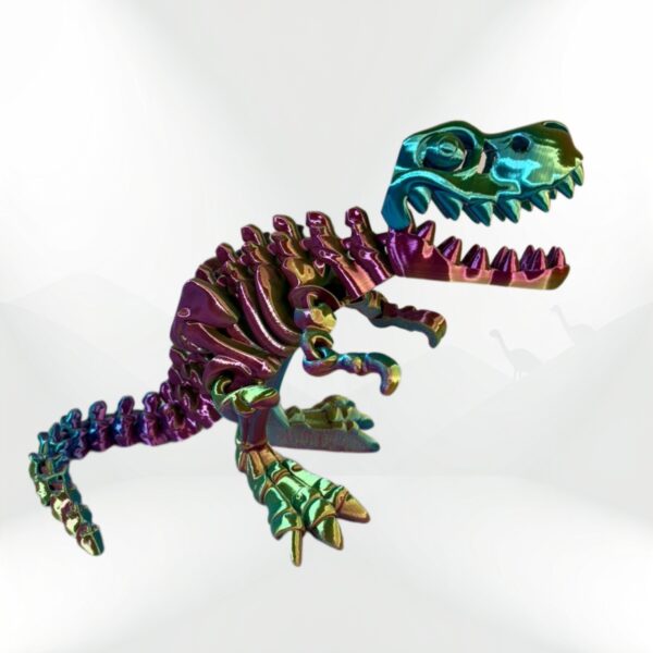 Skeleton T-Rex: iridescent, 3D-printed dinosaur skeleton model with rainbow colors