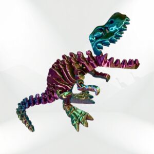 Skeleton T-Rex: Iridescent 3D-printed dinosaur toy, multicolored skeleton with teal, purple, and gold gradient.