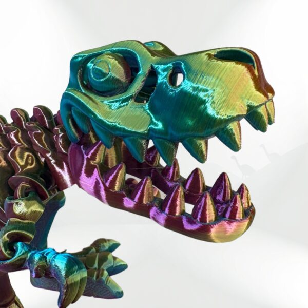 Iridescent 3D-printed Skeleton T-Rex dinosaur toy. Detailed collectible with shifting teal, purple, and gold colors.