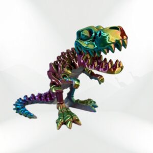 Skeleton T-Rex: Colorful metallic dinosaur figurine in a dynamic pose, featuring intricate skeletal details