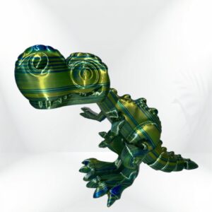 3D-printed T-Rex dinosaur toy figurine, collectible, green and blue