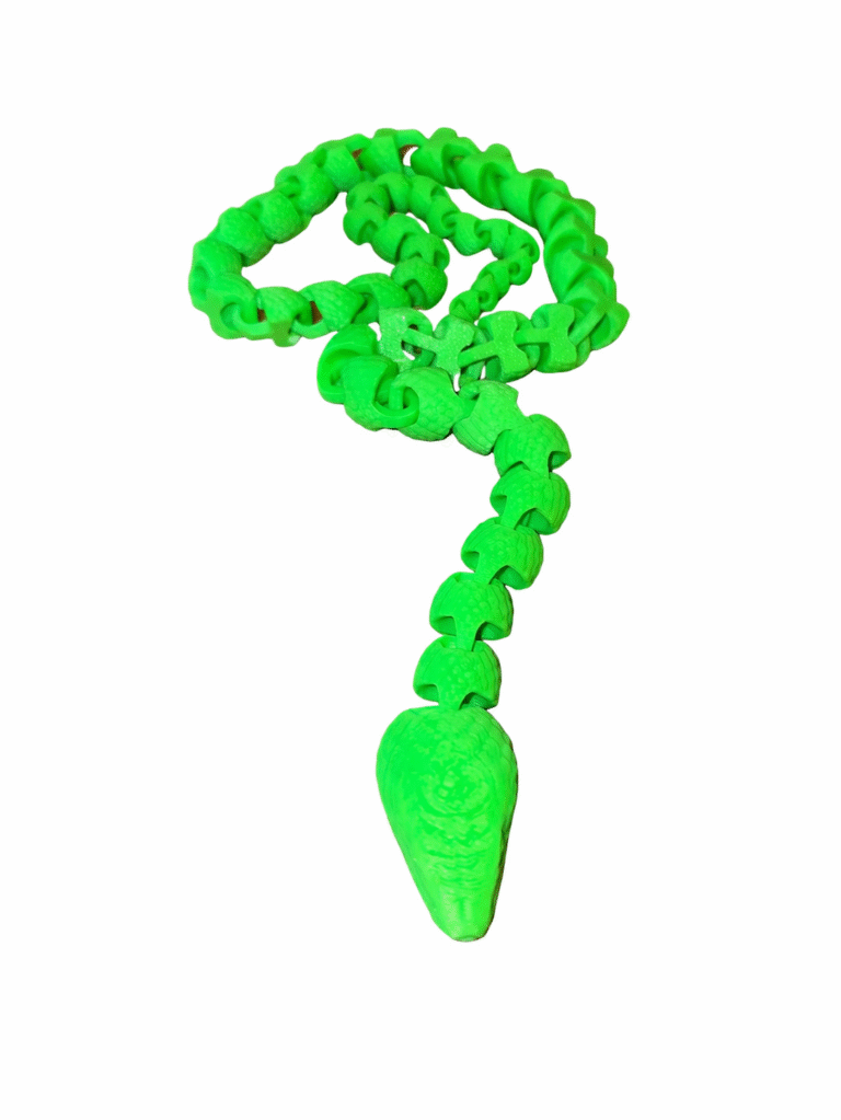 Green Scaled Fidget Snake toy. Flexible, scaled design for fidgeting and play.