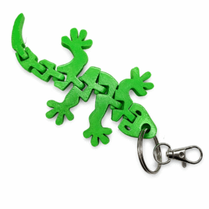Green articulated gecko keyring with metal keyring and lobster clasp.