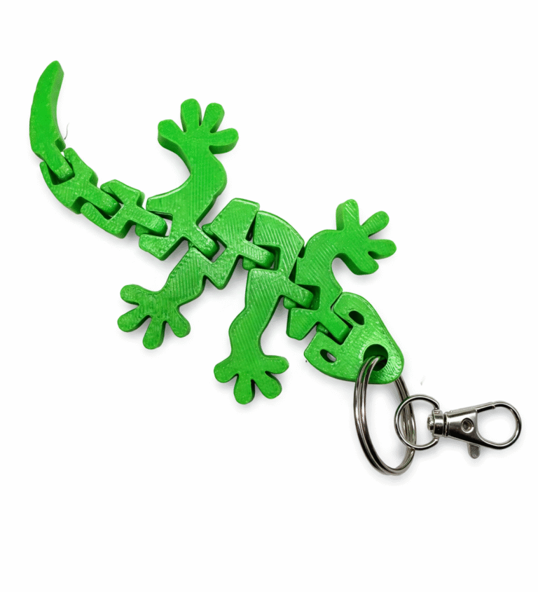 Green articulated gecko keyring with metal keyring and lobster clasp.