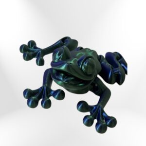 3D-printed iridescent frog figurine, green and blue, detailed texture