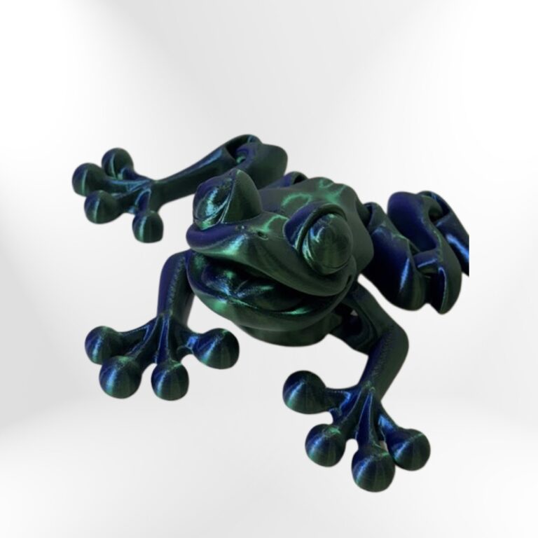 3D-printed iridescent frog figurine, green and blue, detailed texture