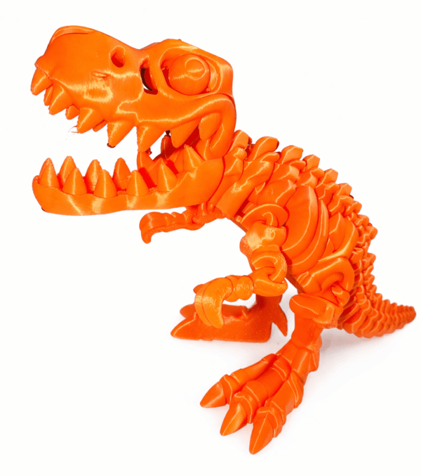 Orange 3D printed T-Rex Skeleton toy.