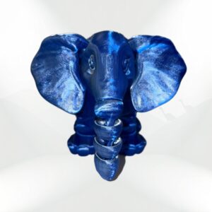 Blue 3D-printed elephant figurine with a coiled trunk.