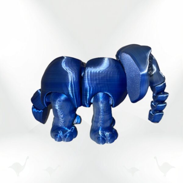 3D-printed blue articulated elephant toy