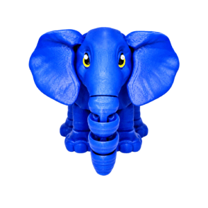 Bright blue 3D printed elephant toy with large ears and a segmented trunk.