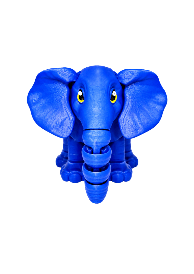 Bright blue 3D printed elephant toy with large ears and a segmented trunk.