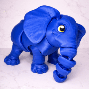 Blue 3D printed elephant toy with a coiled trunk and yellow eyes