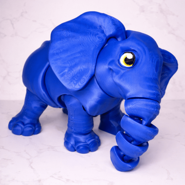 Blue 3D printed elephant toy with a coiled trunk and yellow eyes