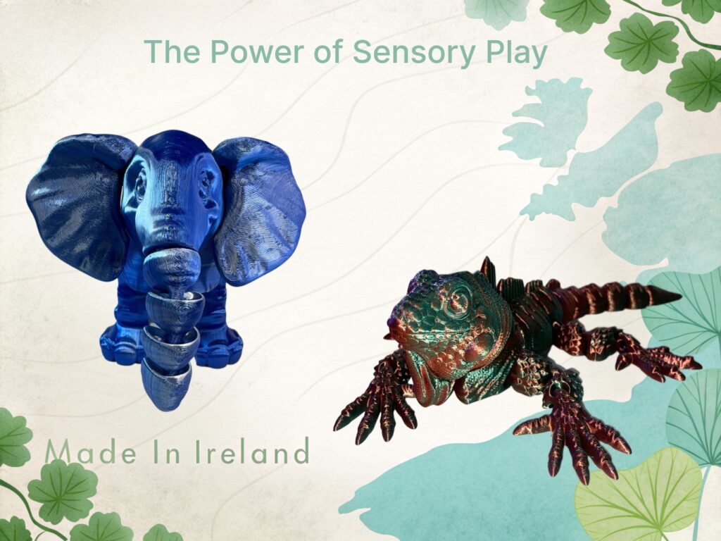 3D-printed blue elephant & bronze iguana; sensory play toys, Made in Ireland