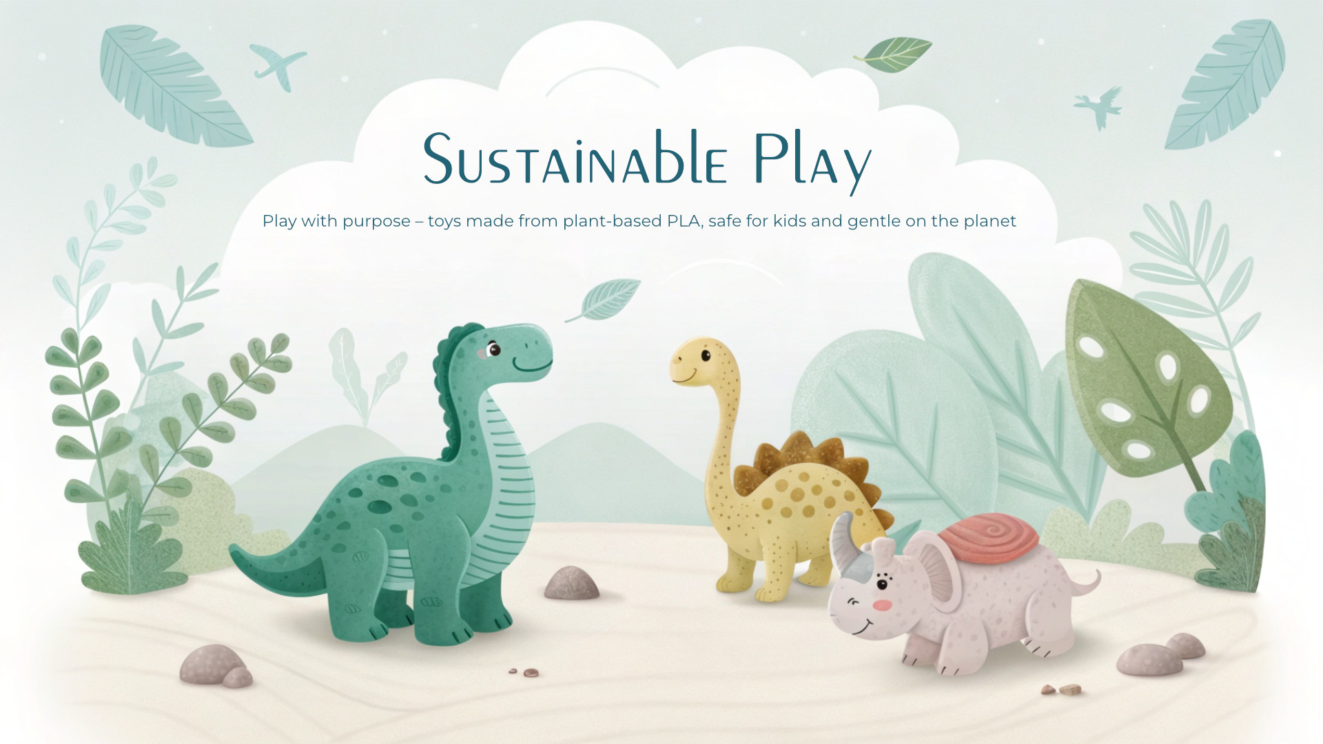 Sustainable toys: friendly dinosaurs made from plant-based PLA.
