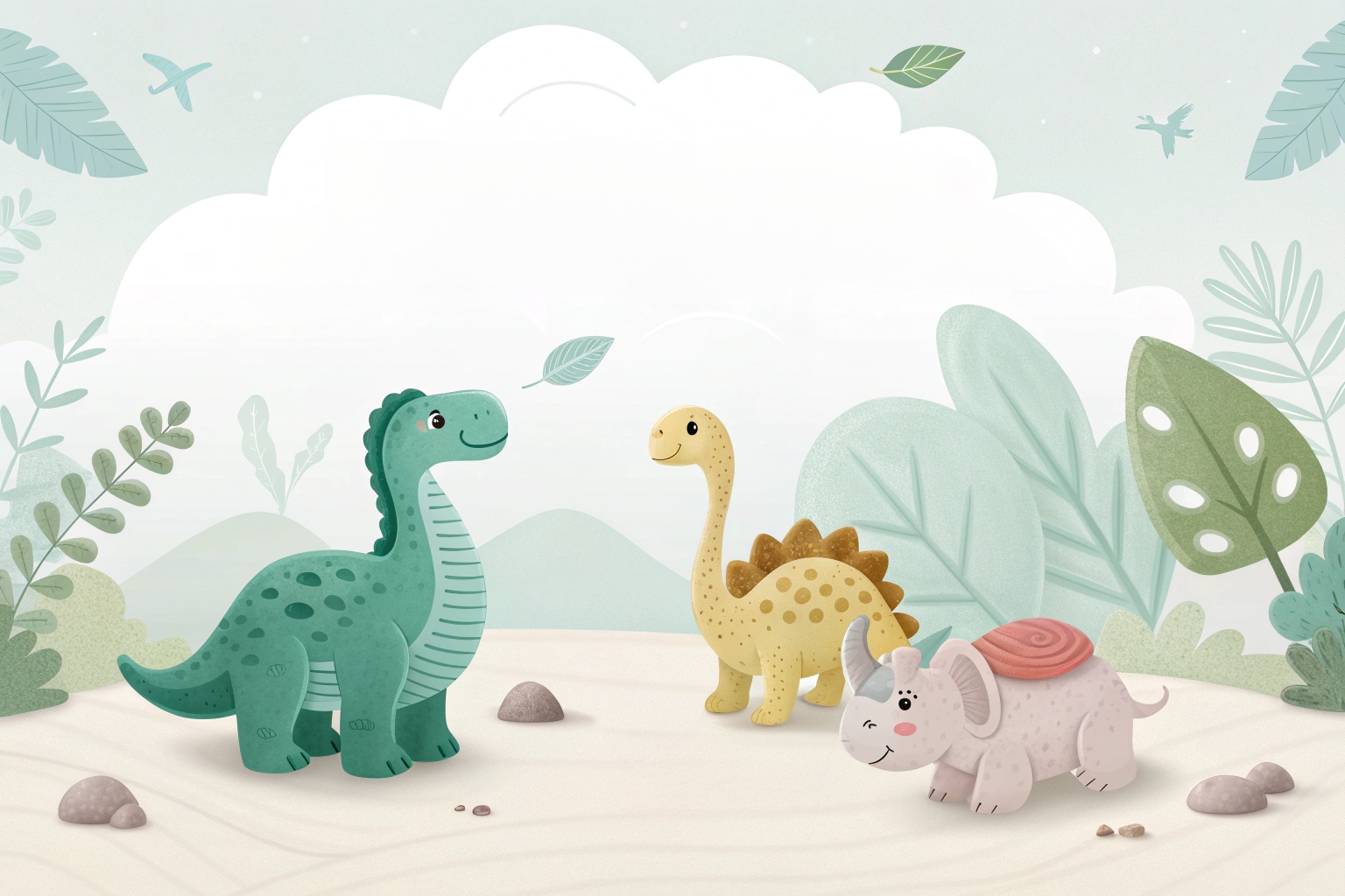 Three adorable cartoon dinosaurs in a lush, green prehistoric landscape.