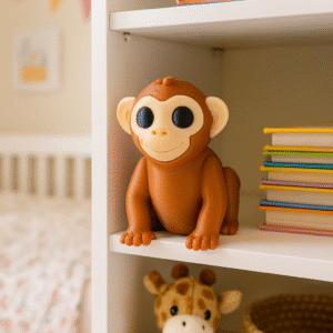 Brown Monkey figurine, perfect for kids' toys, nursery decor. A cute animal figurine on a white shelf.