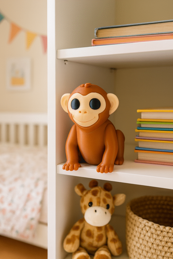 Brown Monkey figurine, perfect for kids' toys, nursery decor. A cute animal figurine on a white shelf.