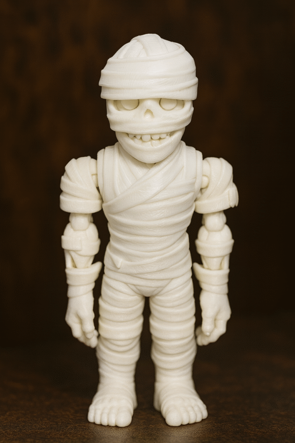 Boo Buddy Mummi: White mummy figure with articulated joints, a Halloween decoration, and a collectible toy. A horror figure.