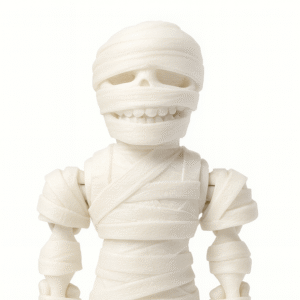 Mummy Action Figure: White plastic monster figure with bandage details, articulated joints. Great Halloween decoration or collectible mummy toy.