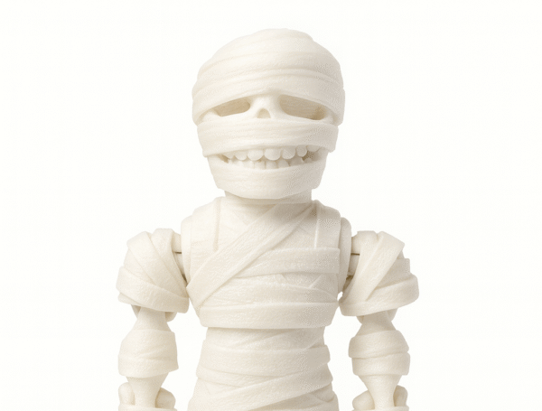 Mummy Action Figure: White plastic monster figure with bandage details, articulated joints. Great Halloween decoration or collectible mummy toy.