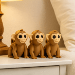 Monkey figurines: Three brown monkey decor pieces on a white nightstand, perfect for bedroom decor and home decor.