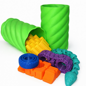 Fidget Sensory Bundle – Hand Sized: Colorful sensory toys including tubes, blocks, wheels, and a snake.