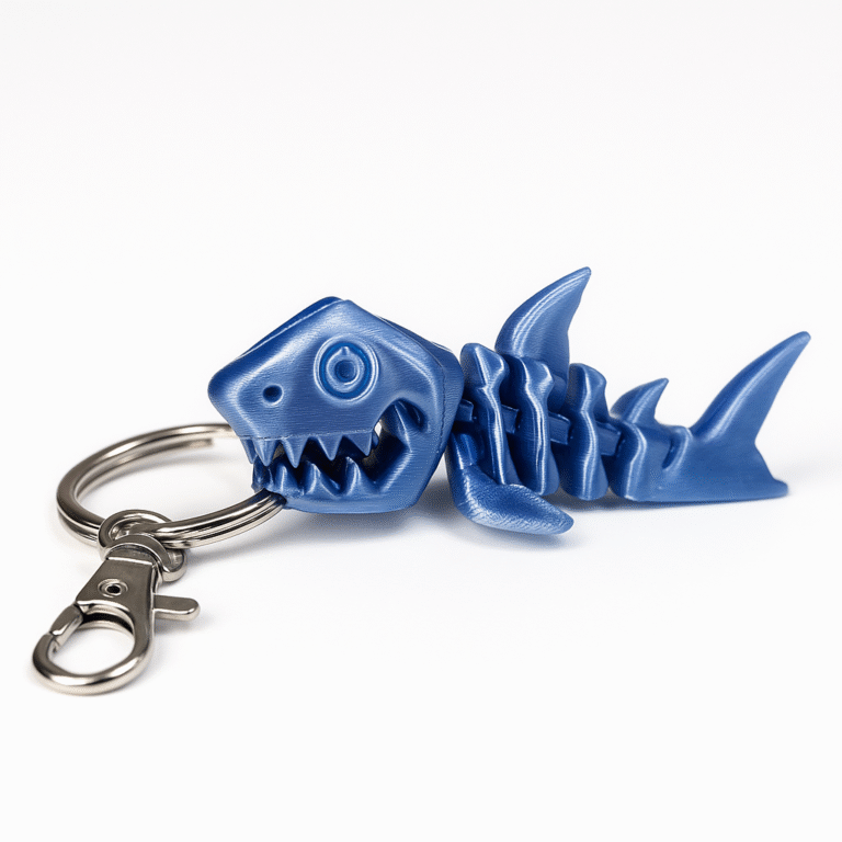 Blue 3D printed Shark Keyring featuring a shark skeleton design with metal ring and clip