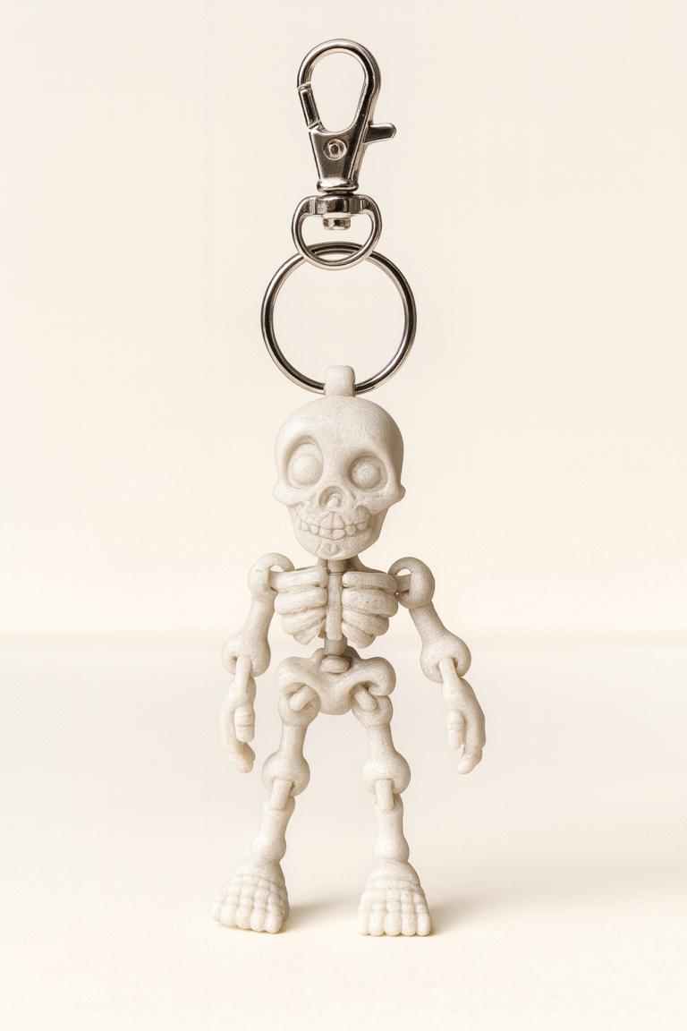 Skeleton keychain with silver clip. Fun spooky accessory.