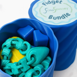 Fidget Sensory Bundle – Hand Sized: Blue container filled with sensory fidget toys in yellow and teal.