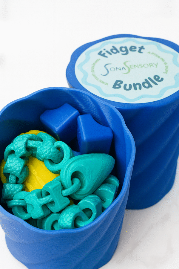 Fidget Sensory Bundle – Hand Sized: Blue container filled with sensory fidget toys in yellow and teal.