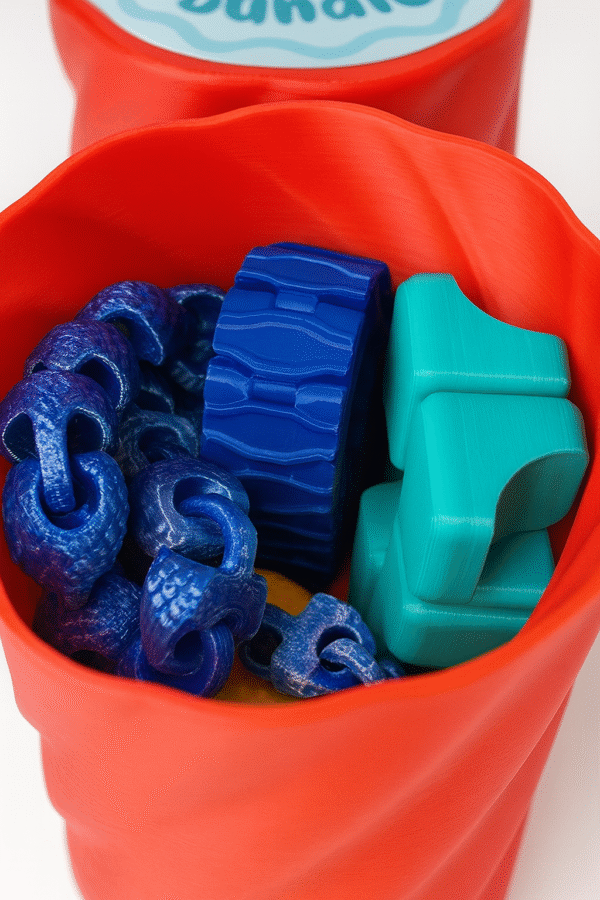 Fidget Sensory Bundle: Hand-sized blue chain links, blue gear, and teal blocks in a red container.