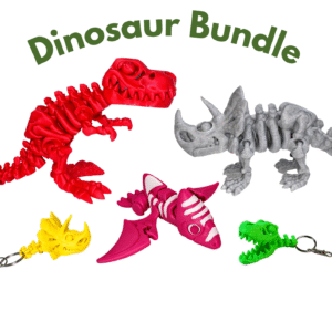 Dinosaur Pack – Jurassic World: Red T-Rex, grey Triceratops skeleton, pink Pterodactyl, yellow & green dinosaur keychains.