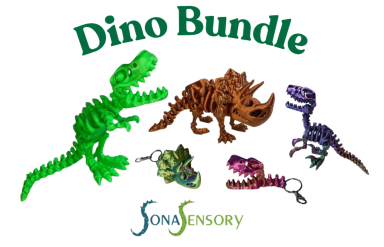 Dinosaur Pack – Jurassic World: Dino Bundle featuring colorful 3D printed dinosaur skeletons.