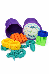 Axolotl fidget toy set: Sensory play with textured rollers, blocks, and link chains for tactile exploration.